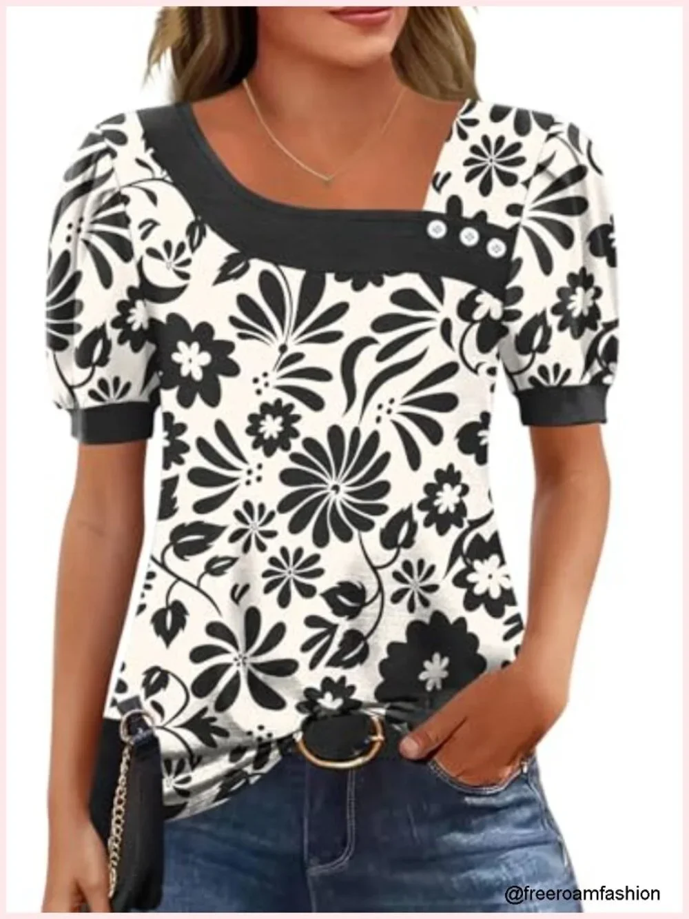 Asymmetrical Square Neck T-Shirt with Button Front - Short Sleeve Blouse